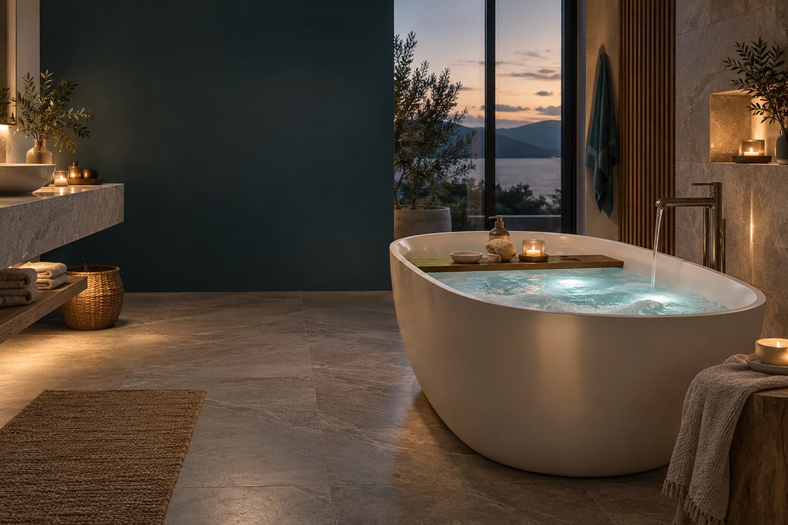 Modernes Badezimmer mit gefüllter Badewanne, Ablage und sanftem Unterwasserlicht