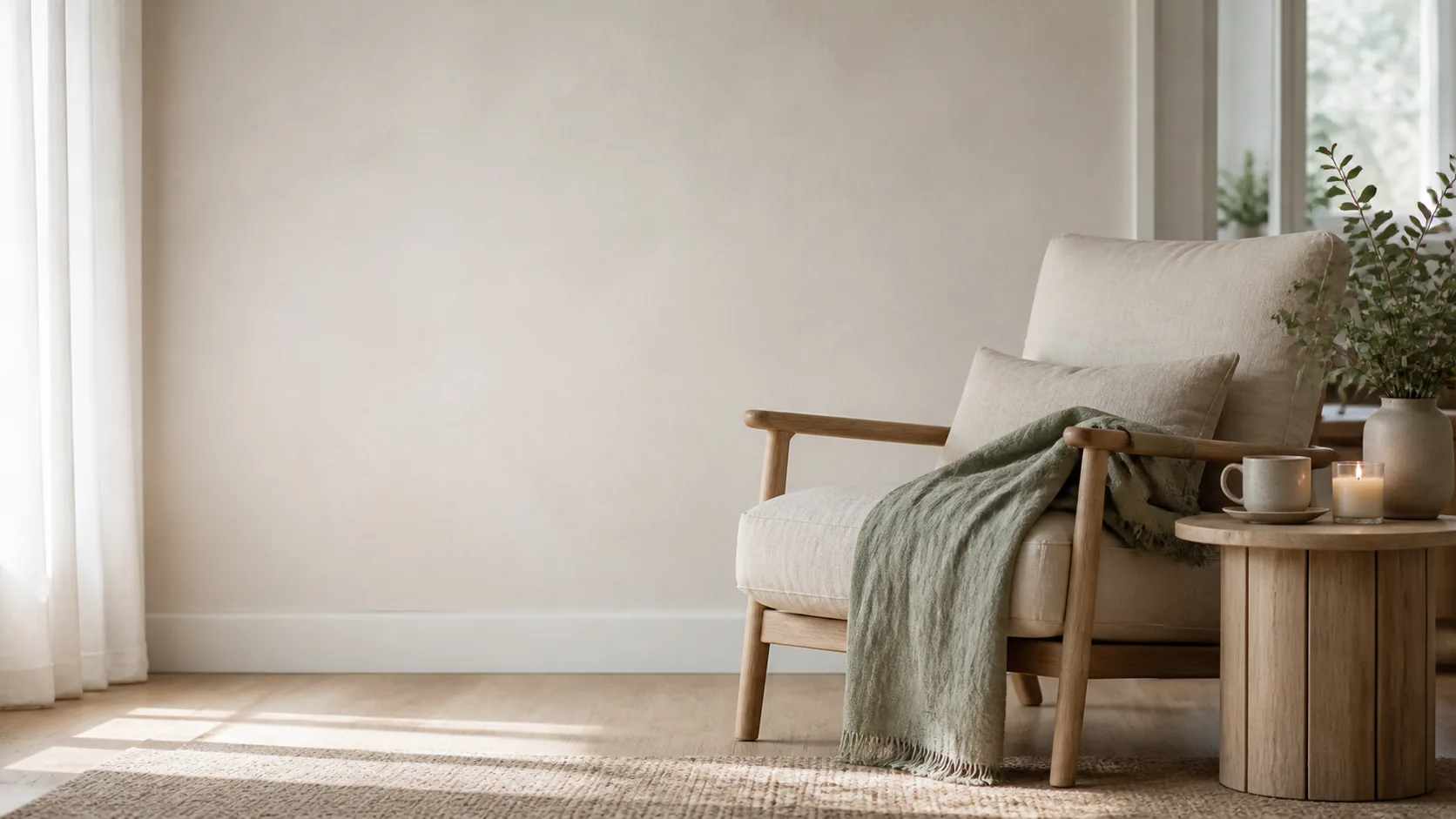 Ruhiger Wohnbereich mit Sessel, Decke, Tee und Kerzenlicht