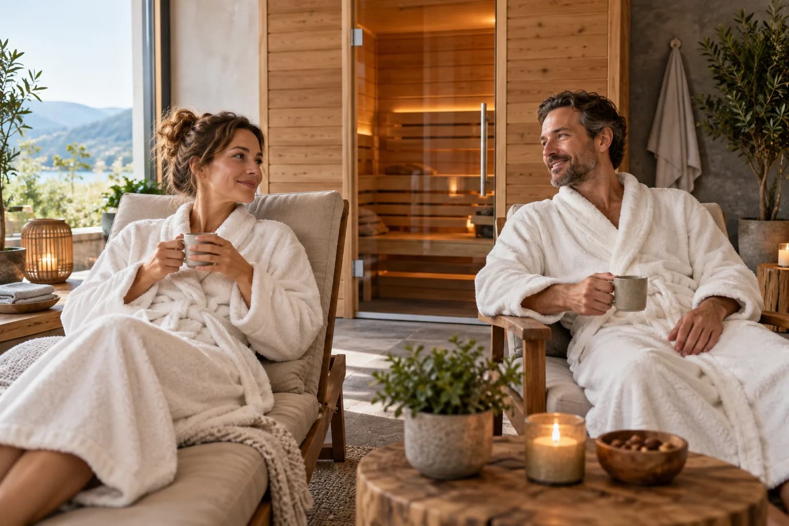 Zwei Erwachsene im Bademantel genießen eine gemeinsame Pause vor der Sauna