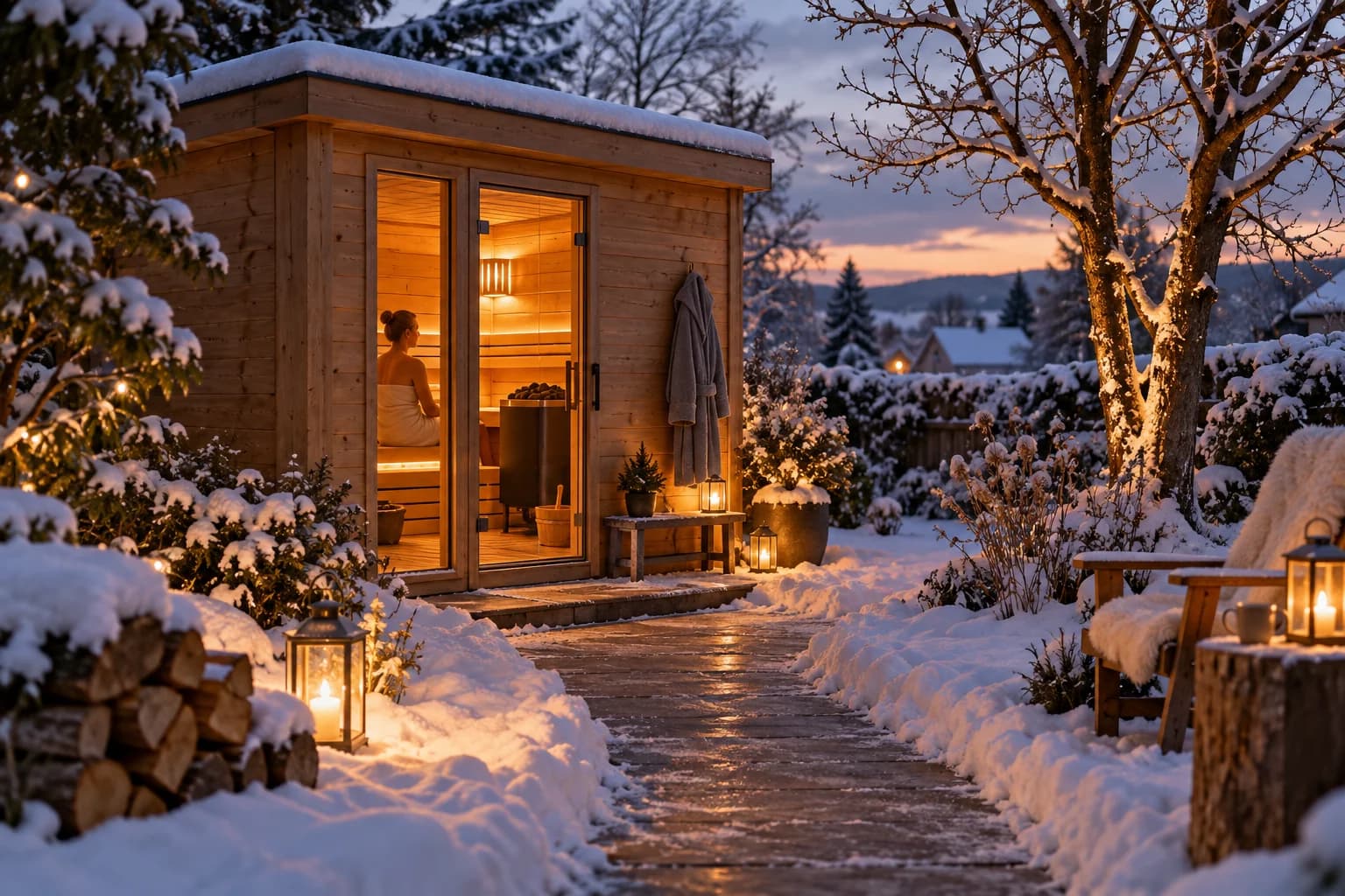 Beleuchtete Gartensauna im verschneiten Garten