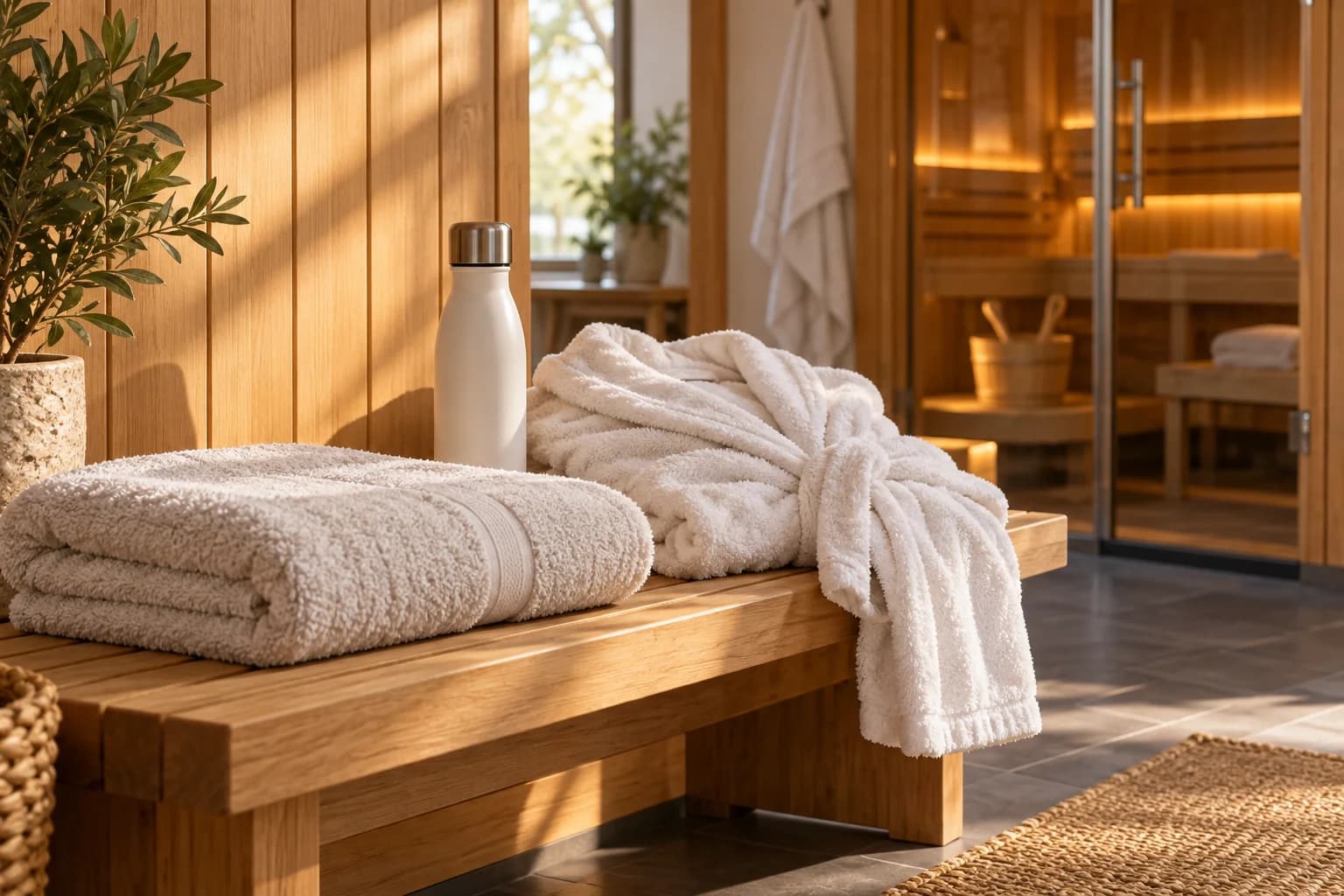 Saunatuch, Bademantel und Wasserflasche liegen für die Auszeit bereit