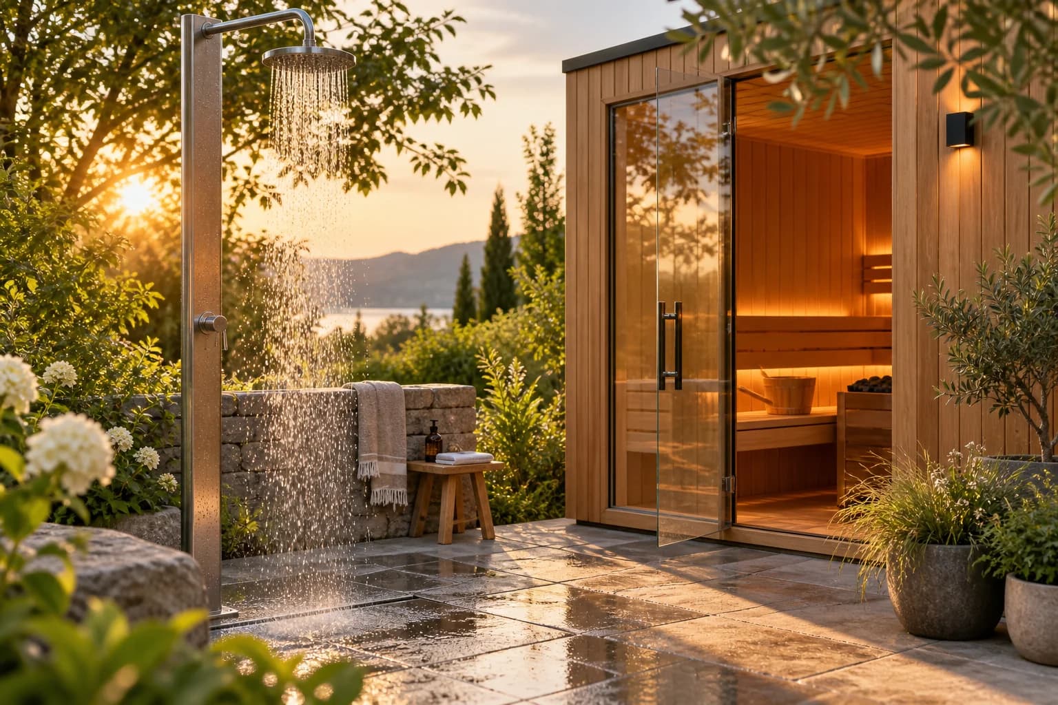 Außendusche neben einer Gartensauna im Grünen