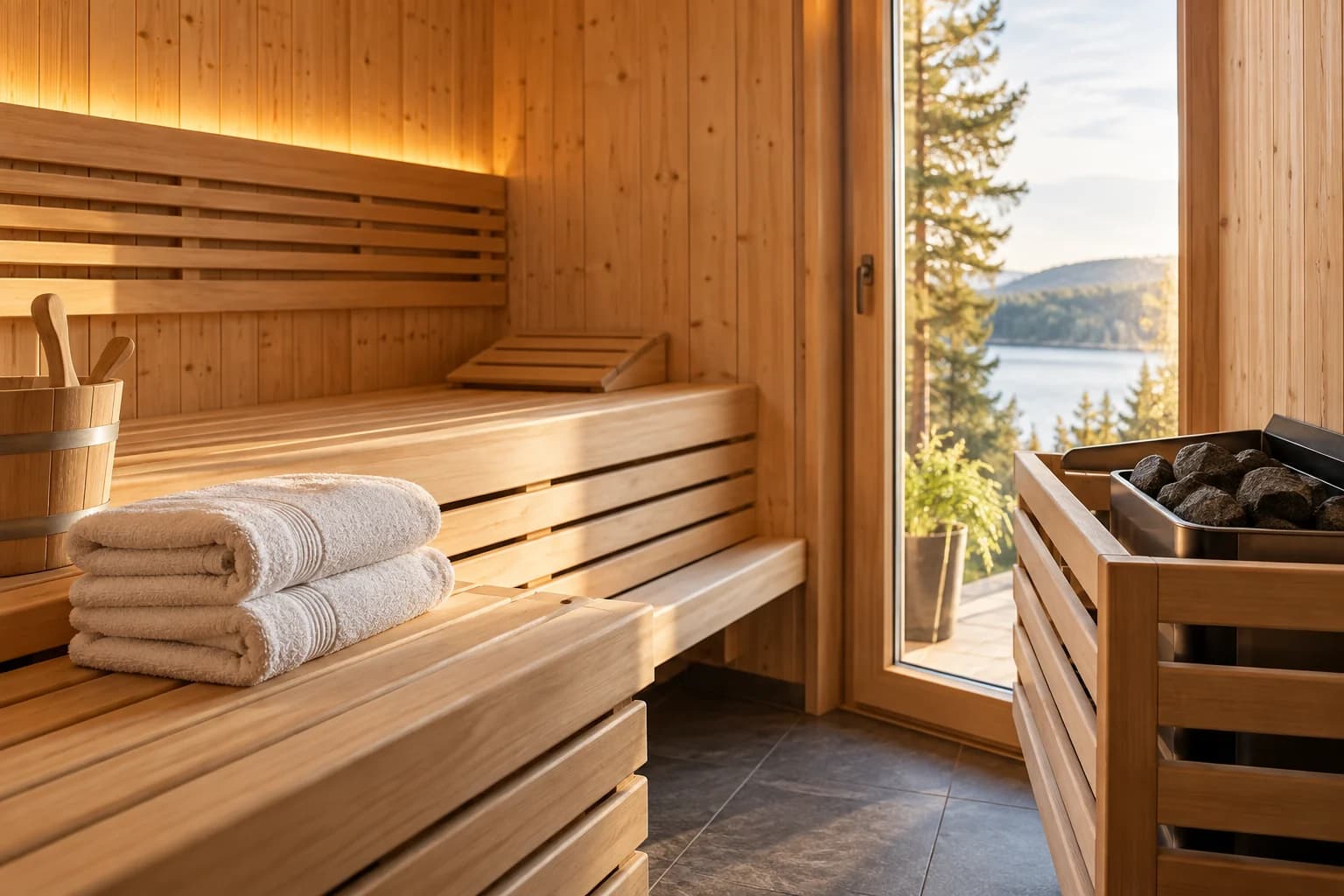 Helle Holzsauna mit weichen Naturtönen und Blick ins Grüne – KI-generiertes Symbolbild