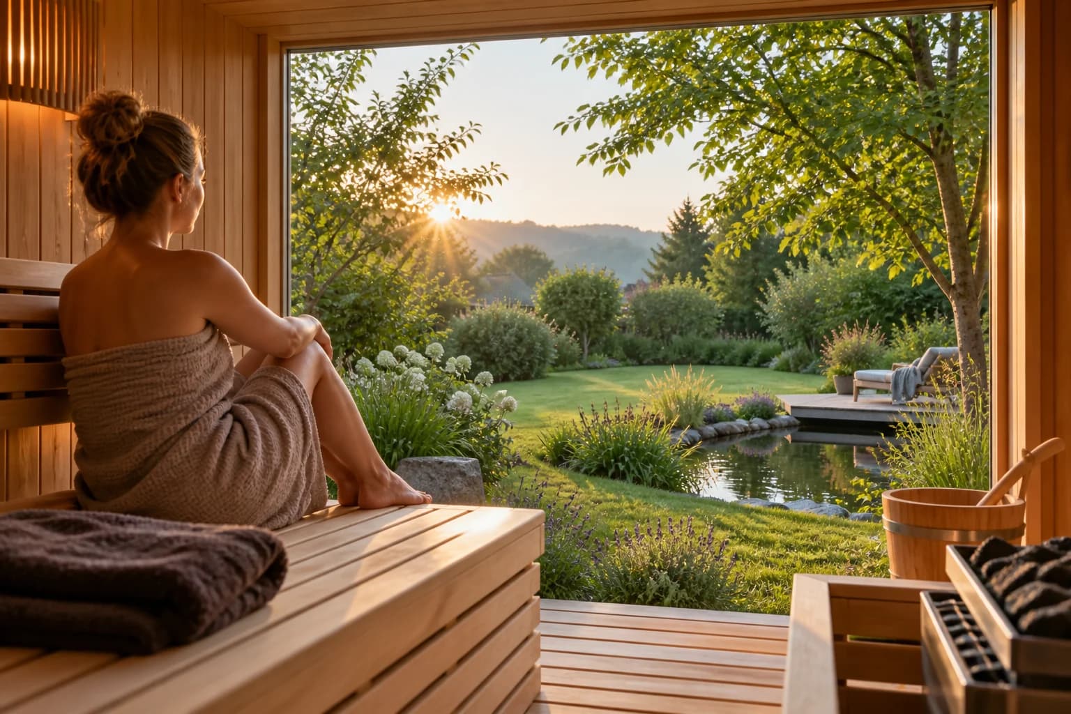 Blick aus einer Sauna in einen grünen Garten