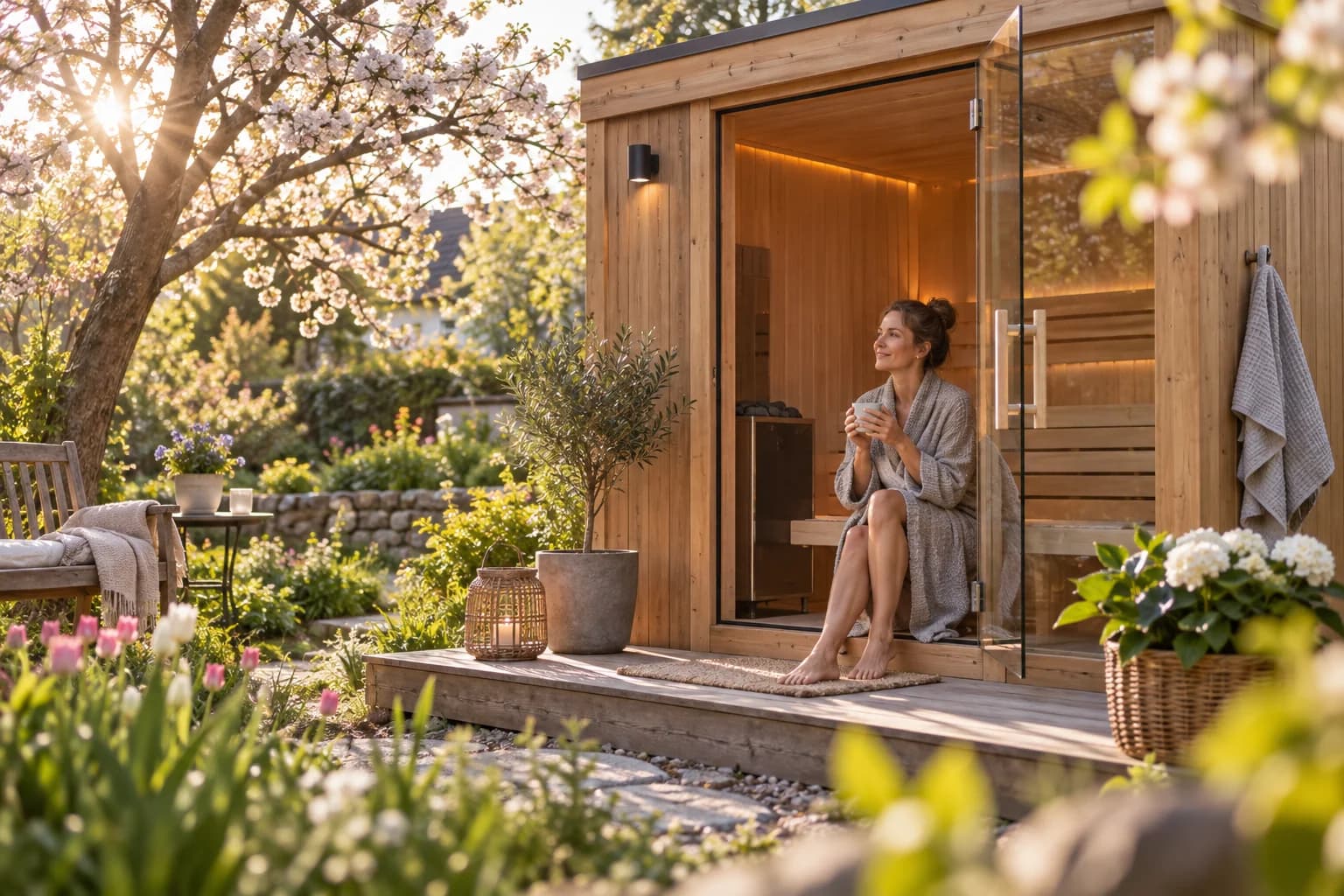 Gartensauna zwischen blühenden Zweigen