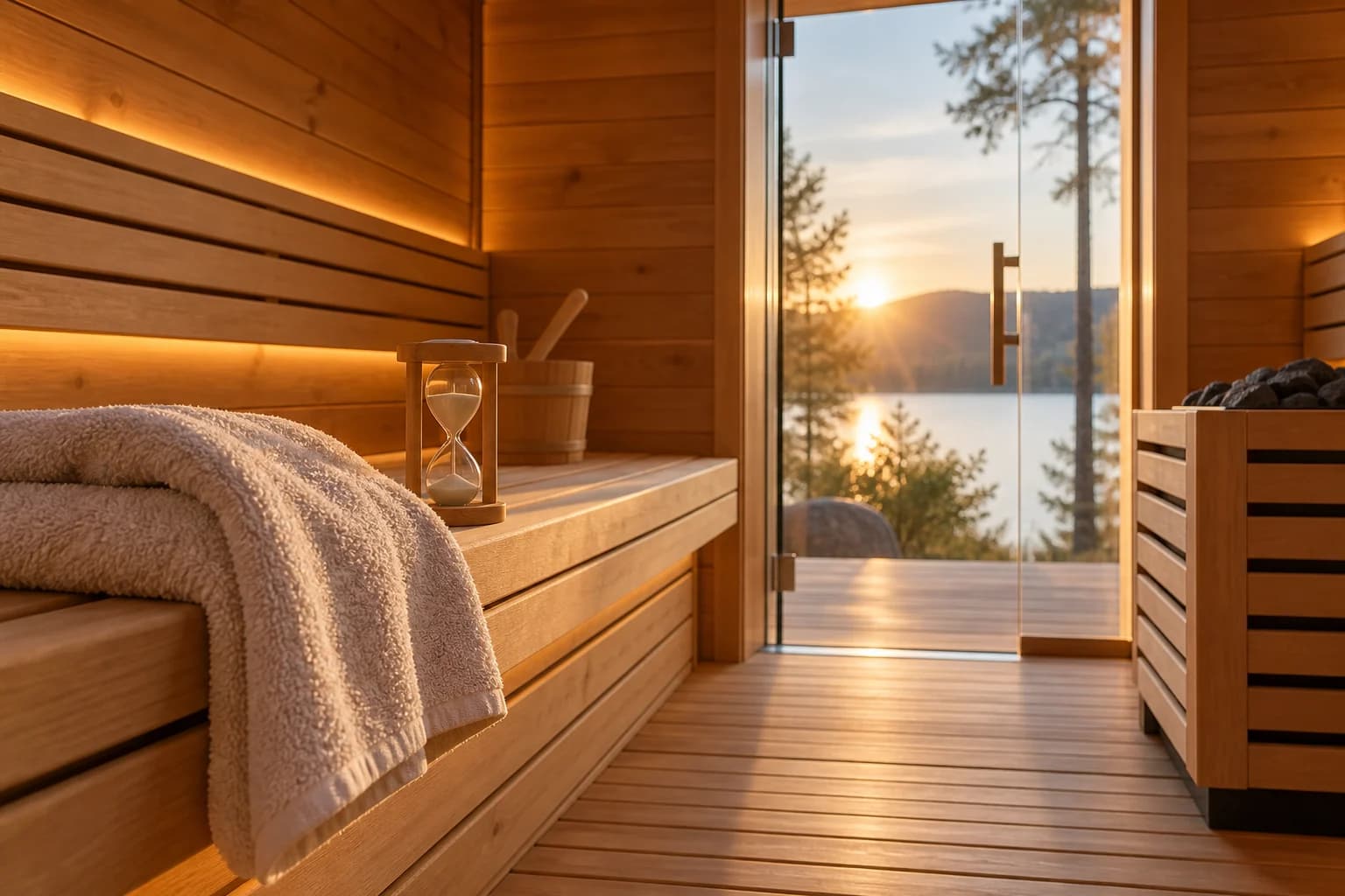Sanduhr und Saunatuch in einer warm beleuchteten Sauna