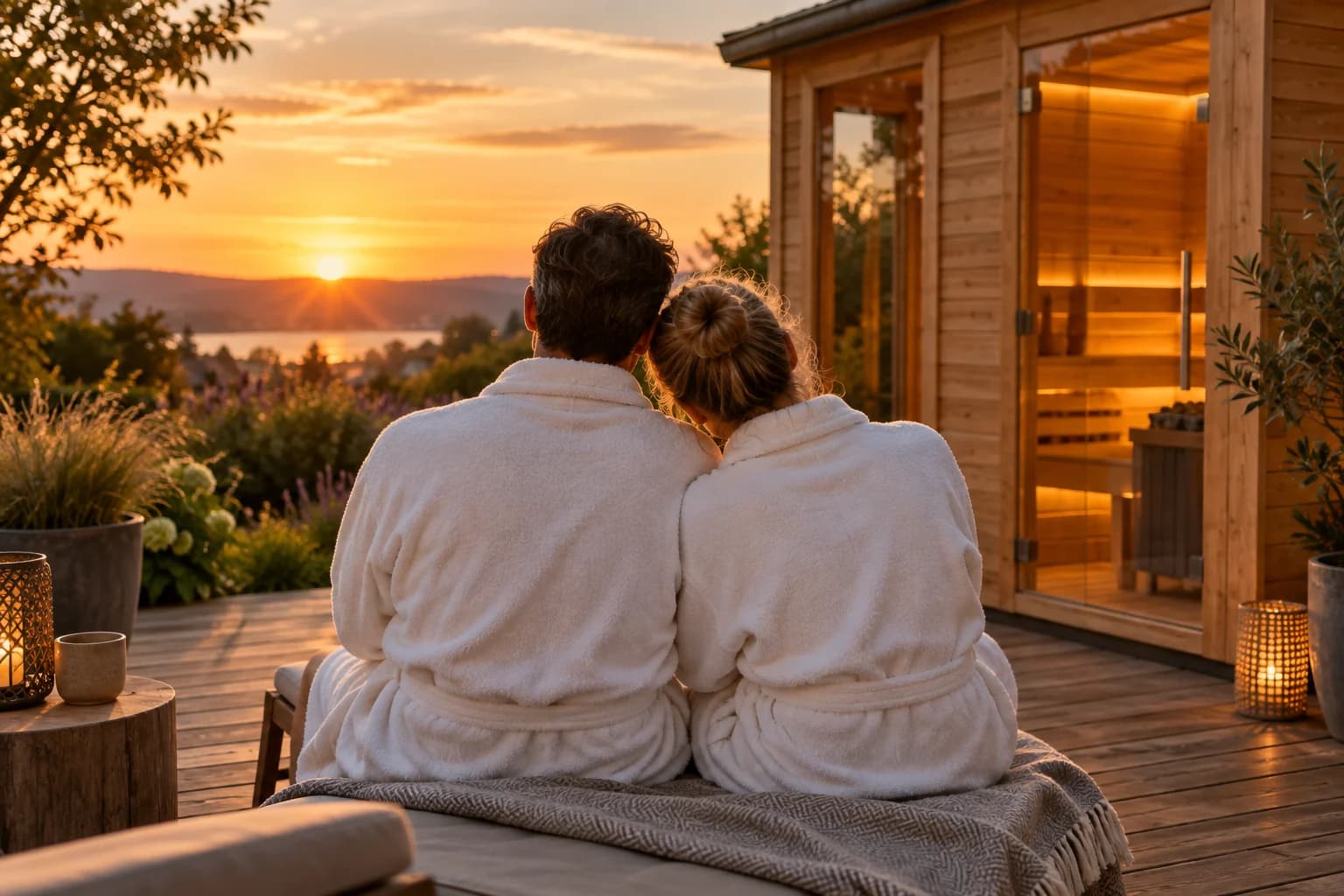 Gemeinsamer Feierabend im Bademantel auf der Terrasse vor einer Gartensauna