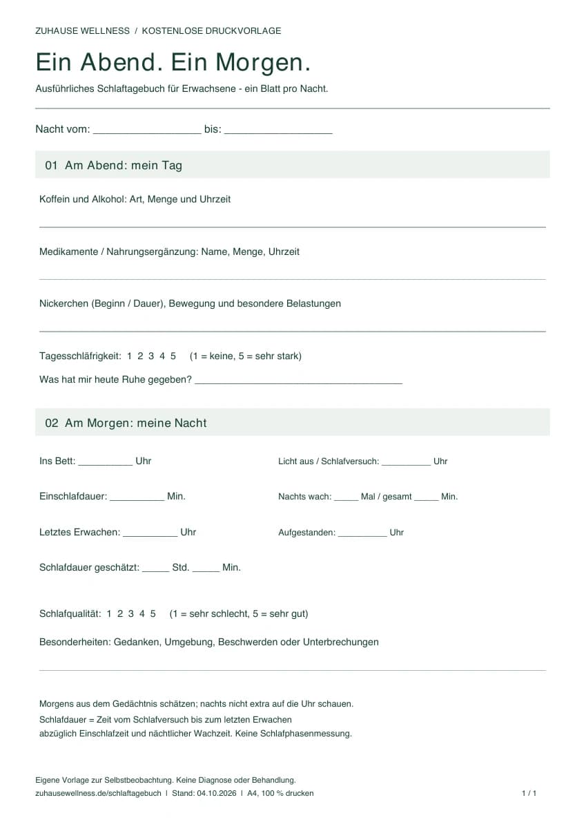 Vorschau: Abend- & Morgenprotokoll mit leeren Feldern zum handschriftlichen Ausfüllen